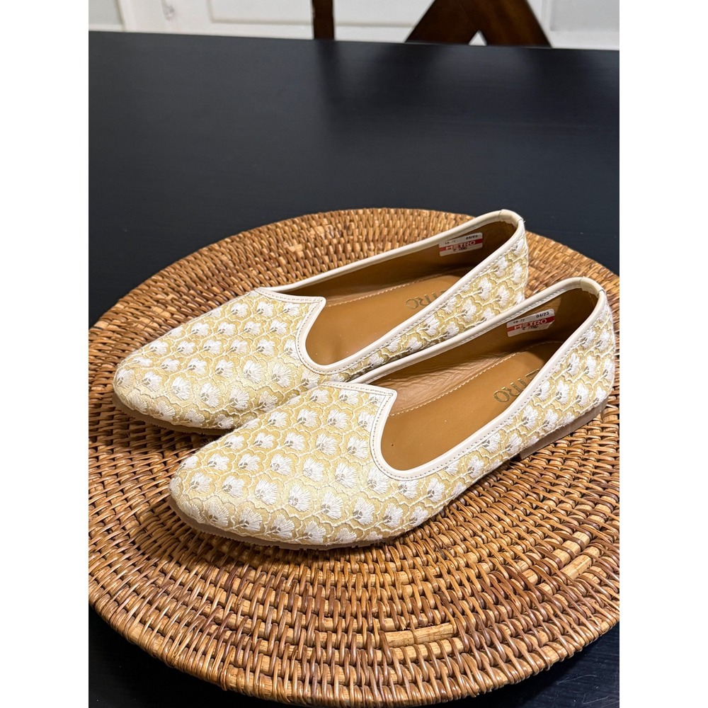 Metro Women Yellow White Floral Lace Pointed Toe Loafers Smoking Flats Size 41